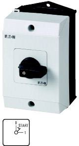 Ein elektrischer Schalter von Eaton mit Hebel zur Steuerung der Start-/Stopp-Position, ideal für industrielle Anwendungen.