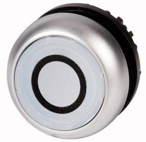 Ein silberner, runder Knopf mit einem schwarzen Ring in der Mitte, möglicherweise ein elektronischer Schalter oder Taster.