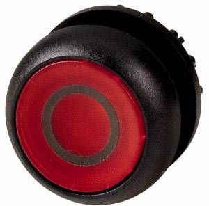 Ein roter runder Knopf mit schwarzem Gehäuse. Der Knopf hat einen inneren Kreis, möglicherweise für Ein-/Aus-Schaltung.