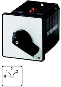 Ein schwarzer Drehschalter mit vier Positionen (0 bis 3). Eine Abbildung unten zeigt die Schalterpositionen. Hersteller: Eaton.