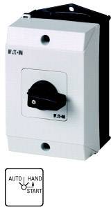 Ein elektrischer Schalter mit Schaltknopf in der Mittelstellung. Darunter ein Symbol mit 'AUTO', 'HAND', 'START'.