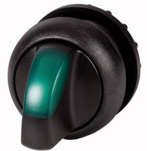 Ein schwarzer Drehknopf mit einem grün beleuchteten Hebel auf der Oberseite, möglicherweise für elektronische oder mechanische Steuerung.