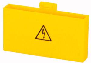 Gelbes Schild mit schwarzem Blitzsymbol warnt vor elektrischer Spannung.