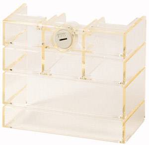 Durchsichtiger Plastikspender für Münzen mit sechs vertikalen Fächern.