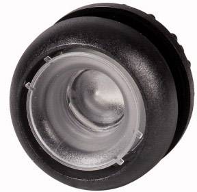 Eine durchsichtige Linse in einem schwarzen Rundgehäuse, möglicherweise Teil eines optischen Geräts.