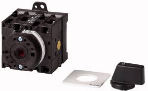 Schwarz grauer Schalterblock mit schwenkbarer Hebelkomponente und rechteckiger Metallplatte für mechanische Steuerungspanels.