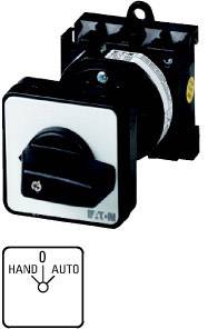 Drehschalter mit zwei Einstellungen, 'Hand' und 'Auto', auf weißem Hintergrund. Schalter befindet sich in der 'Hand'-Position.