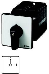 Ein schwarz-weißer Drehschalter mit der Beschriftung '0' für aus und '1' für ein. Herstellername rechts unten auf dem Schalter.