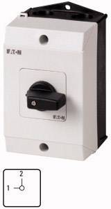 Ein weißer Elektroschalter mit schwarzem Kippschalter und dem Logo 'EATON'. Unten ist ein Symbol mit zwei Stellungen, '0' und '1'.