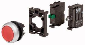 Roter Druckknopf mit Gehäuse und zwei Schaltelementen, die getrennt nebeneinander dargestellt sind und eine Steuerungsanwendung suggerieren.