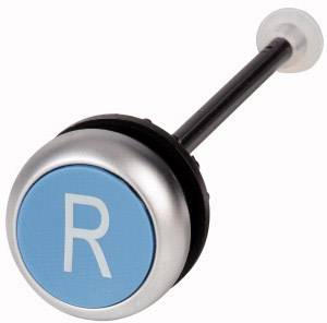 Ein blauer Kinderwagenbremsschalter mit einem silbernen Rand. Auf dem blauen Knopf ist ein weißes 'R' zu sehen.