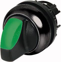 Schwarzer Drehschalter mit grünem Griff, verwendet zur Steuerung oder Aktivierung von Maschinen oder elektrischen Geräten.