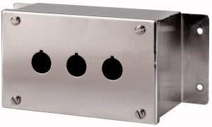 Metallgehäuse mit drei runden Aussparungen an der Vorderseite und Schrauben an den Ecken, möglicherweise für elektrische Schalter.