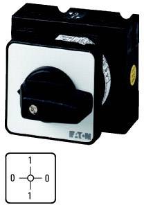 Ein viereckiger elektrischer Schalter mit einem drehbaren Griff. Unten links ein Diagramm: Kreis mit zwei Positionen '1' und '0'.