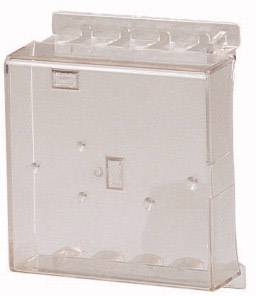 Transparente Kunststoffhülle mit rechteckiger Form, seitlicher Kordelzug und öffenbarer Klappe für Schutz- oder Aufbewahrungszwecke.