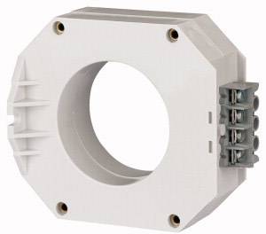 Ein weißer elektrischer Stromwandler mit runder Öffnung und Anschlussklemmen an der Seite, zur Messung und Überwachung von elektrischen Strömen.