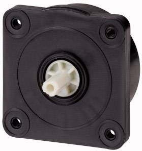 Schwarze quadratische Kunststoffkomponente mit zentralem weißen Anschluss, wahrscheinlich ein Verbindungsteil für technische Geräte.