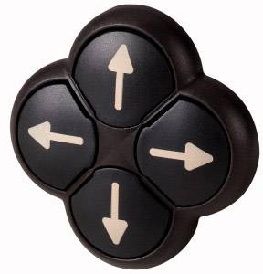 Schwarze, kreuzförmige Steuerungstasten mit weißen Pfeilen für oben, unten, links und rechts auf einem dunklen Hintergrund.