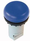 Ein blauer runder Knopf auf einem grauen zylindrischen Sockel; vermutlich ein Druckknopf für eine Maschine oder ein Elektronikgerät.