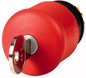 Ein roter Sicherheitsschalter mit einem eingesetzten Metall-Schlüssel. Der Schalter scheint auf Aus-Position zu sein, möglicherweise zur Stromtrennung.