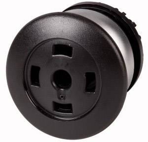 Ein schwarzer, runder Steckdosenadapter mit drei rechteckigen Öffnungen und einer mittigen runden Öffnung, geeignet für mehrere Steckerarten.