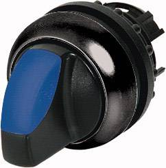 Ein schwarzer, runder Drehschalter mit einem blauen Griff, der für Steuerungs- oder Einstellfunktionen verwendet wird.