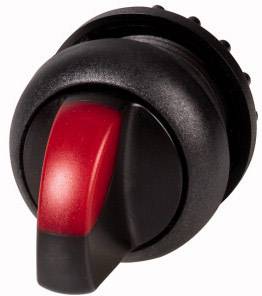 Ein runder, schwarzer Drehknopf mit rotem Hebel, wahrscheinlich für Maschinensteuerung oder Geräteanpassung gedacht.