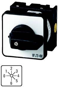 Schwarz-weißer Drehschalter mit sechs Positionen. Rechter Winkel Foto. EATON-Logo unten rechts sichtbar. Diagramm zeigt Schaltpositionen.