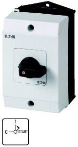 Ein weißes Einschaltgerät mit schwarzem Drehknopf in der Mitte. Darunter eine kleine Zeichnung des Diagramms zur Ein/Aus-Funktion.