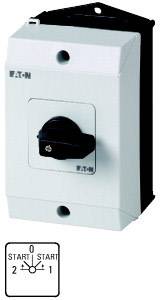 Ein elektrischer Schalterkasten mit Kippschalter in der Mitte. Darunter ein Symbol für verschiedene Schalterstellungen: '0', '1', '2'.