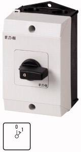 Ein weißes elektrisches Schaltgerät mit schwarzem Hebel, darunter ein Symbol für Ein- und Ausschaltzustände (0/1).