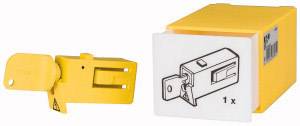 Ein gelber Sicherheitsschalter mit Schlüssel, daneben eine Box mit einer Abbildung des Schalters zur Kennzeichnung '1x'.