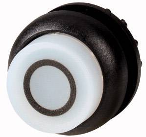 Ein runder Kunststoffknopf mit schwarzem Rand und weißer Mitte, möglicherweise ein elektronischer Schalter oder Bedienelement.