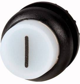 Schwarzer, runder Druckknopf mit weißem Zentrum und vertikalem schwarzen Strich, möglicherweise für technische oder elektronische Anwendung.