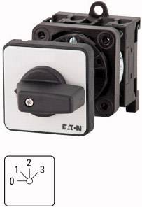 Schalter mit vier Positionen (0, 1, 2, 3) von EATON, rechteckige Form, in schwarzem Gehäuse. Für elektrische Steuerungen.
