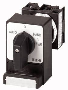 Ein Drehschalterpanel mit den Einstellungen 'Auto', 'Hand', 'O', 'Start'. Schwarzer Hebel zur Steuerung von Maschinen.