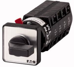 Ein rotierbarer schwarzer Schalter von Eaton auf einem rechteckigen Sockel, geeignet für industrielle Anwendungen.