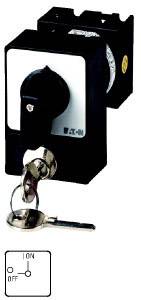 Ein Schalter mit Schloss und zwei Schlüsseln, zeigt die Positionen 'Ein' und 'Aus'. Markenlogo auf der Vorderseite.