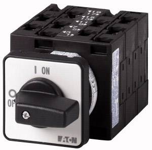 Ein quadratischer schwarzer Drehschalter mit einem Hebel, der 'ON' und 'OFF' zeigt; Produkt von Eaton, für elektrische Steuerungen.