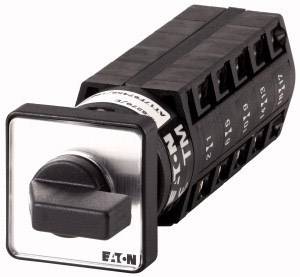 Ein elektrischer Drehschalter mit schwarzem Griff und mehrfachen Anschlussklemmen. Text auf der Unterseite: 'Eaton'.