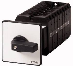 Hinweisschalter mit schwarzem Drehknopf und weißer Frontplatte, quadratische Form. Hergestellt von Eaton, zeigt mehrere Schalterstellungen.