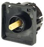 Schalterknopf in schwarz mit gelbem Hebel im Zentrum vor weißem Hintergrund.