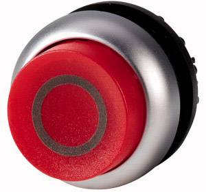 Ein roter Not-Aus-Knopf mit einem silbernen Gehäuse, verwendet zur schnellen Abschaltung von Maschinen in Notfallsituationen.