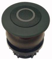 Ein schwarzer, runder Knopf mit einem kreisförmigen Muster oben drauf, möglicherweise für die Bedienung eines elektronischen Geräts.