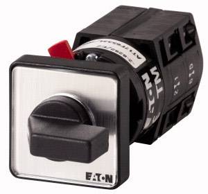 Drehschalter von Eaton schwarz-silber mit rechteckigem Gehäuse und rotem Schalter. Für elektrische Steuerung geeignet.