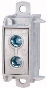 Ein zweipoliger elektrischer Schraubklemmenblock aus Kunststoff mit zwei blauen Schraubklemmen und Beschriftungen auf der Oberfläche.