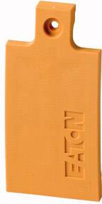 Ein orangefarbenes Kunststoffschild mit der Aufschrift 'EATON', das offenbar als Markierung oder Identifikator dienen könnte.