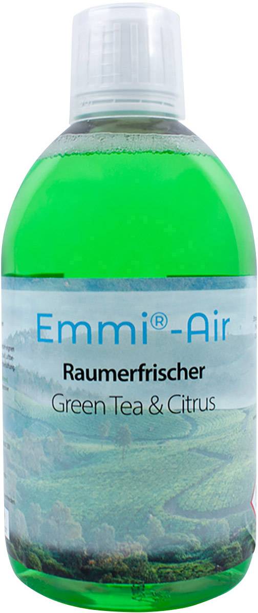 Flasche mit grünem Flüssiginhalt, Etikett 'Emmi-Air', Sorte 'Green Tea & Citrus', dient als Raumerfrischer.