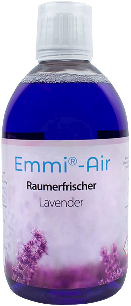 Flasche mit lila Flüssigkeit, Etikett 'Emmi-Air Raumerfrischer Lavender', zeigt lila Lavendelblüten.