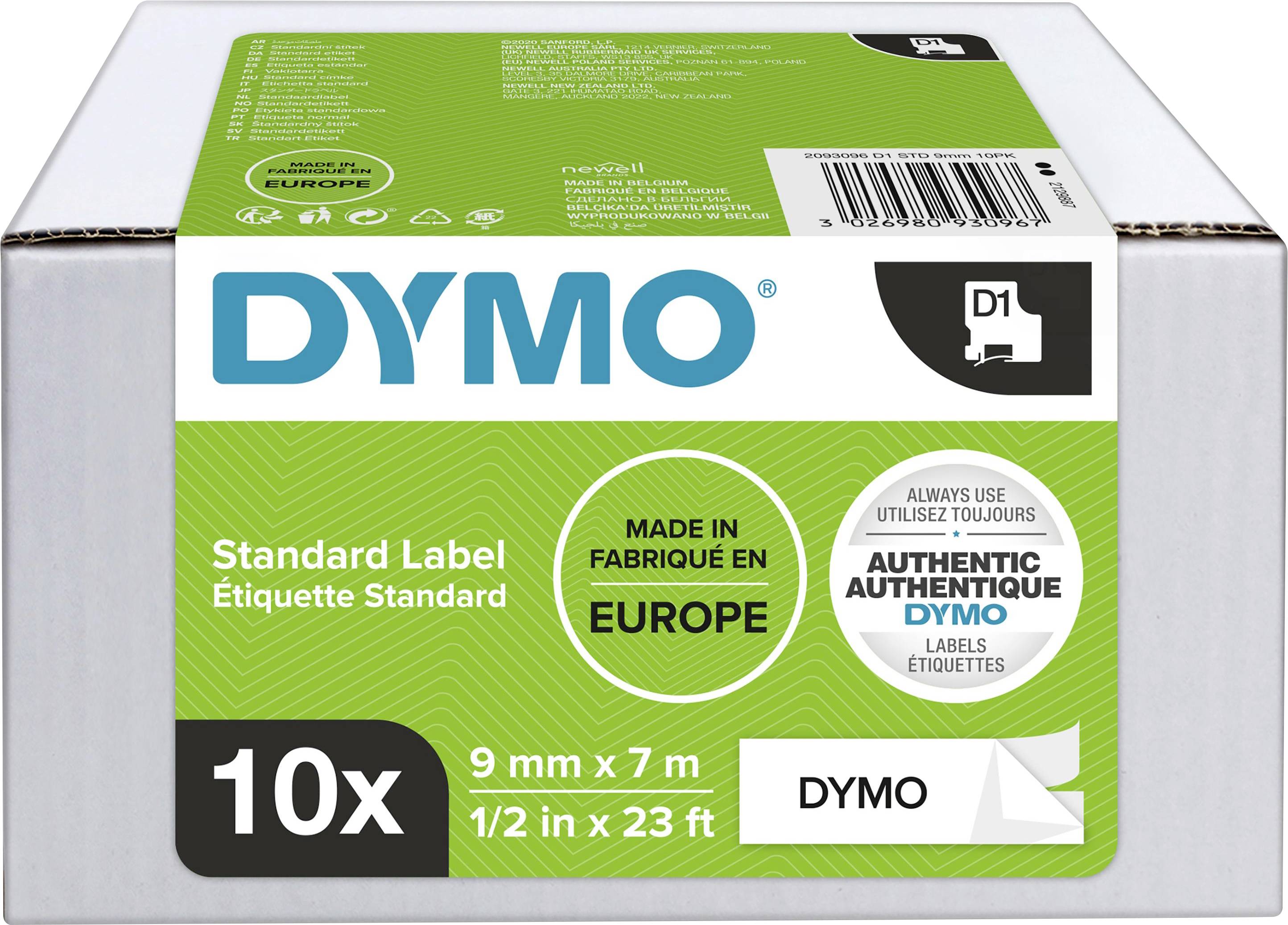 'DYMO' Etikettenbox, grün-weiß, enthält 10 Rollen. Etiketten: 9 mm x 7 m. Hergestellt in Europa.